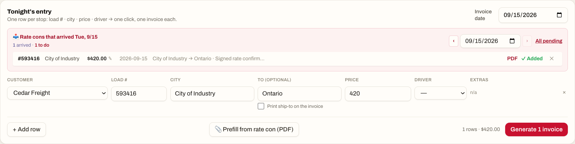 Actual HALZAT Invoicing interface with rate-con customer, load number, city and price filled in beside the Generate invoice button; fictional demo data